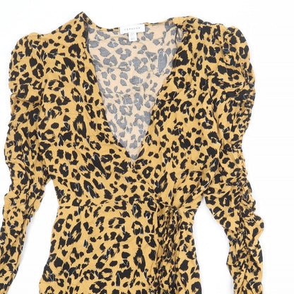 Topshop Womens Brown Animal Print Viscose Wrap Dress Size 8 V-Neck Tie - Leopard pattern