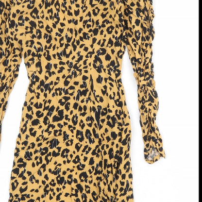 Topshop Womens Brown Animal Print Viscose Wrap Dress Size 8 V-Neck Tie - Leopard pattern