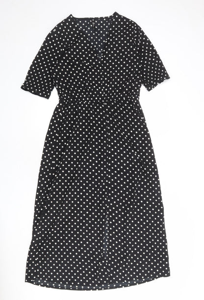 Influence Womens Black Polka Dot Polyester A-Line Size 10 V-Neck Button
