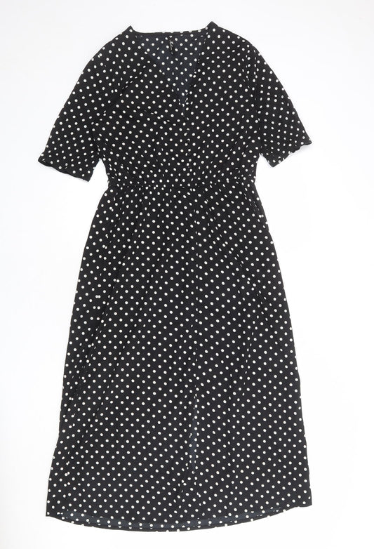Influence Womens Black Polka Dot Polyester A-Line Size 10 V-Neck Button