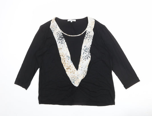 Annabelle Womens Black Geometric Viscose Basic T-Shirt Size 16 Boat Neck