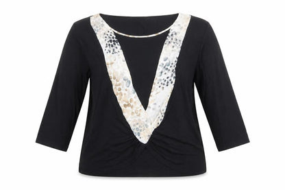 Annabelle Womens Black Geometric Viscose Basic T-Shirt Size 16 Boat Neck