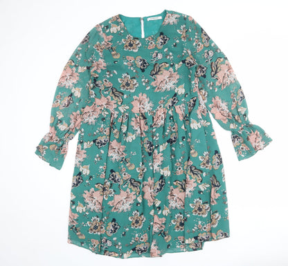Glamorous Womens Green Floral Polyester A-Line Size M Round Neck Zip