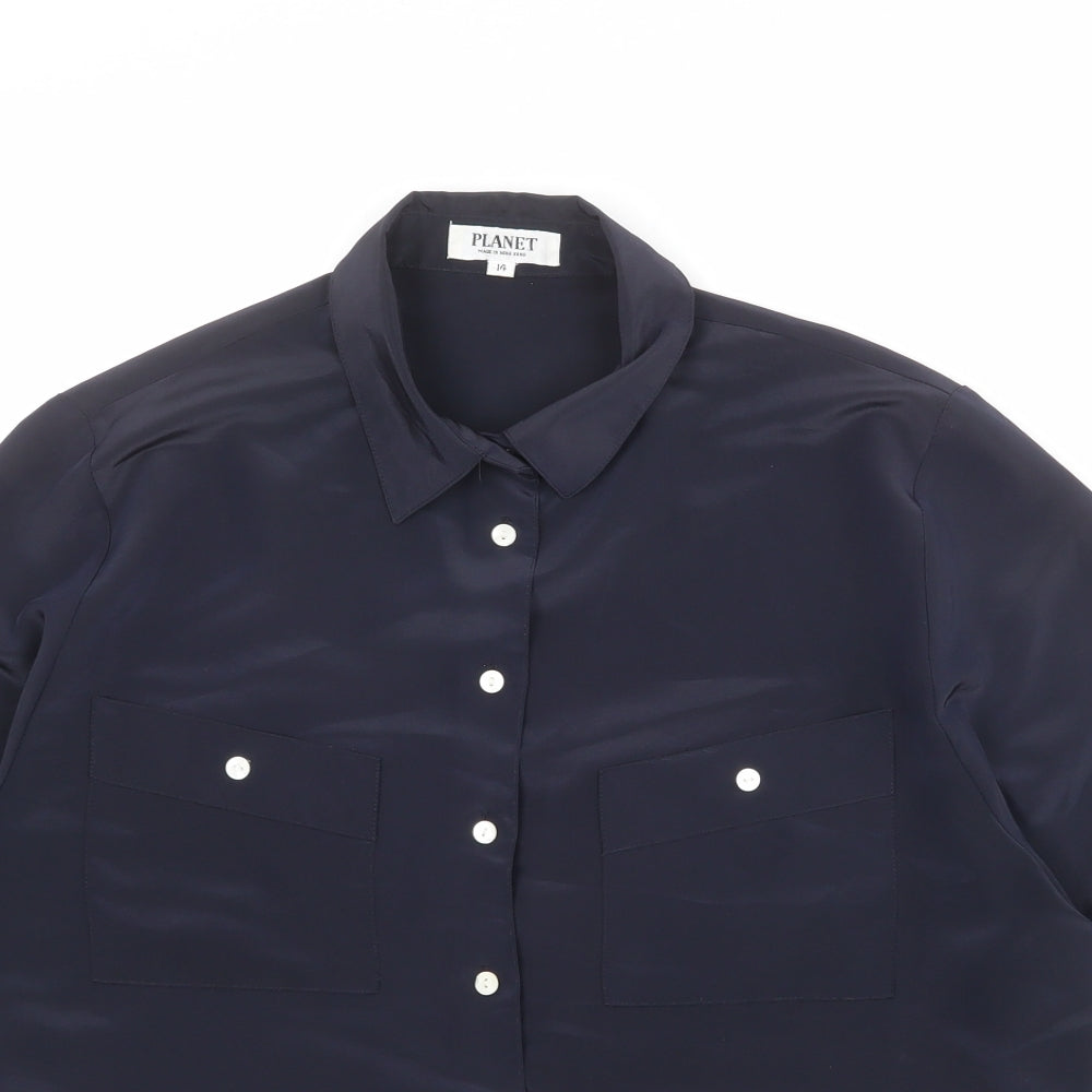 Womens UK Size 14 Planet Blue Basic Button-Up