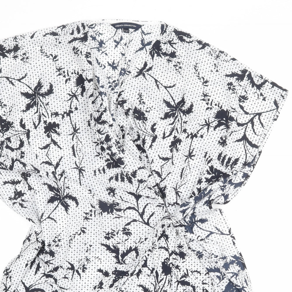 French Connection Womens White Geometric Polyester A-Line Size 8 V-Neck Tie