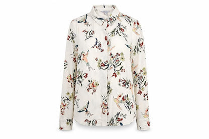 H&M Womens Ivory Floral Polyester Basic Button-Up Size 6 Collared - Bird Print