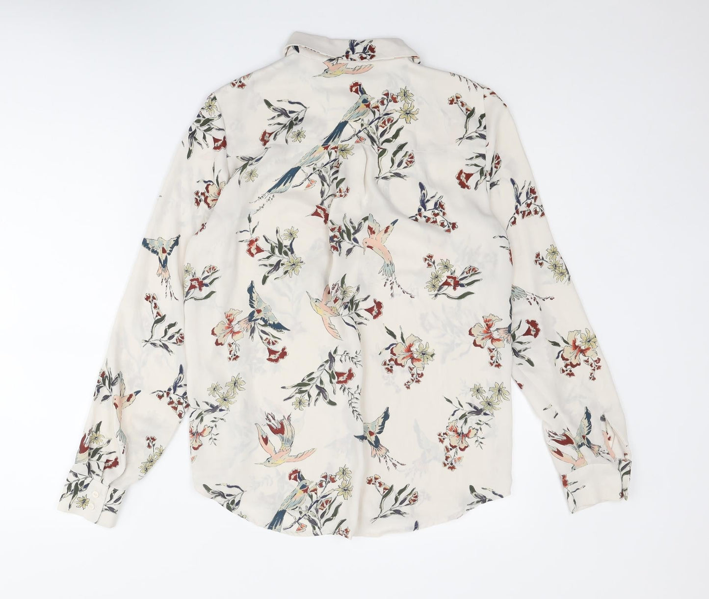 H&M Womens Ivory Floral Polyester Basic Button-Up Size 6 Collared - Bird Print