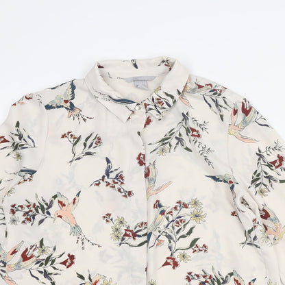 H&M Womens Ivory Floral Polyester Basic Button-Up Size 6 Collared - Bird Print