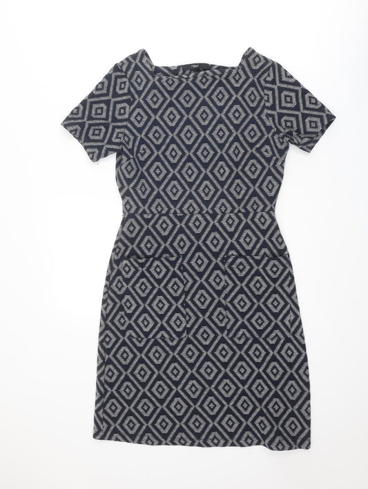 NEXT Womens Blue Geometric Polyester Shift Size 8 Square Neck Pullover