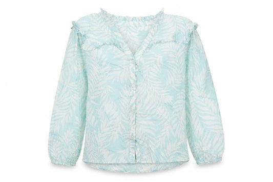 Front view of Principles women’s blue geometric cotton basic button-up, size UK 8, v-neck