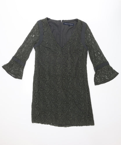 French Connection Womens Green Geometric Polyester Mini Size 8 V-Neck Zip