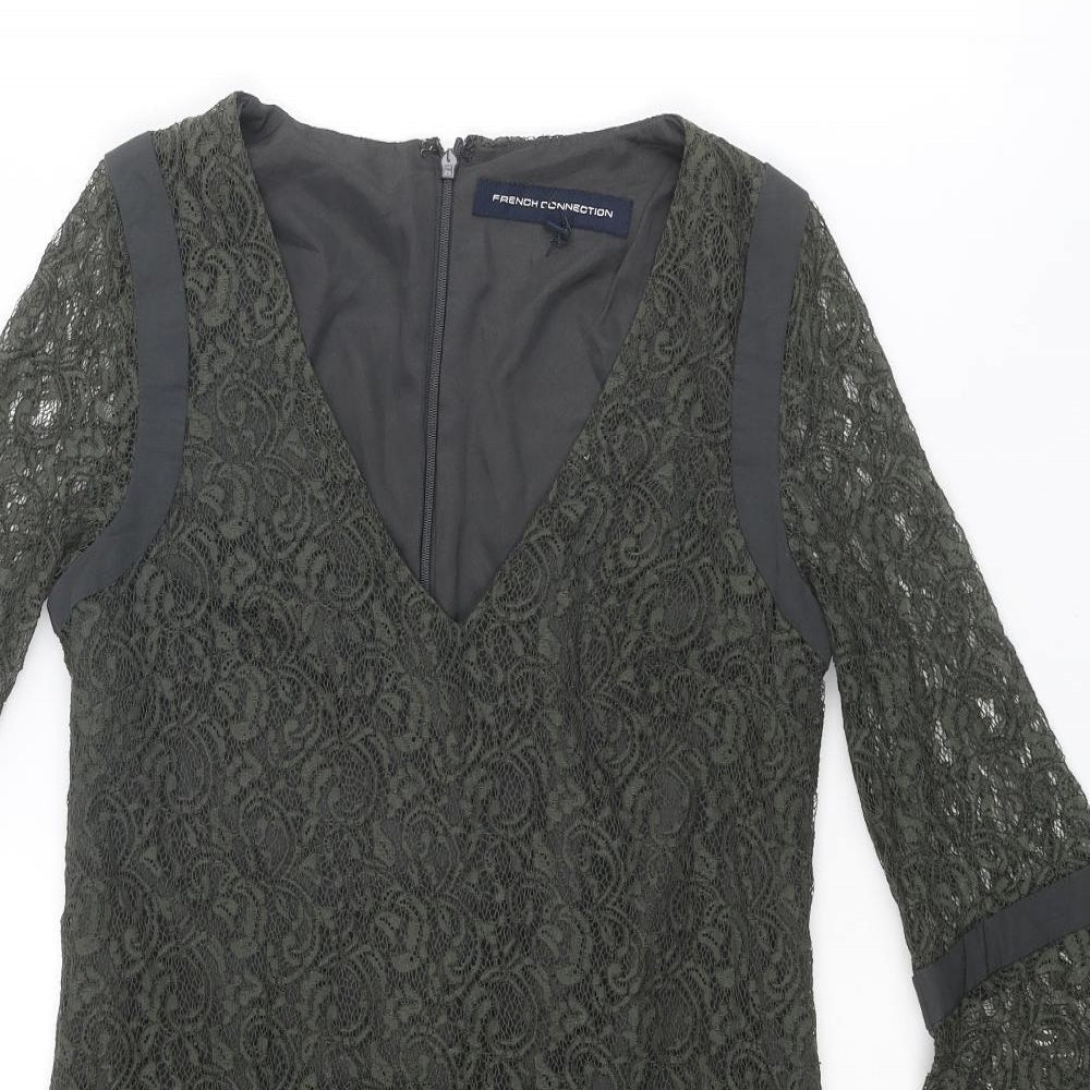 French Connection Womens Green Geometric Polyester Mini Size 8 V-Neck Zip