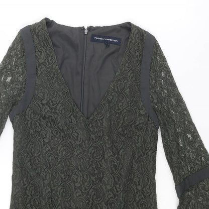 French Connection Womens Green Geometric Polyester Mini Size 8 V-Neck Zip