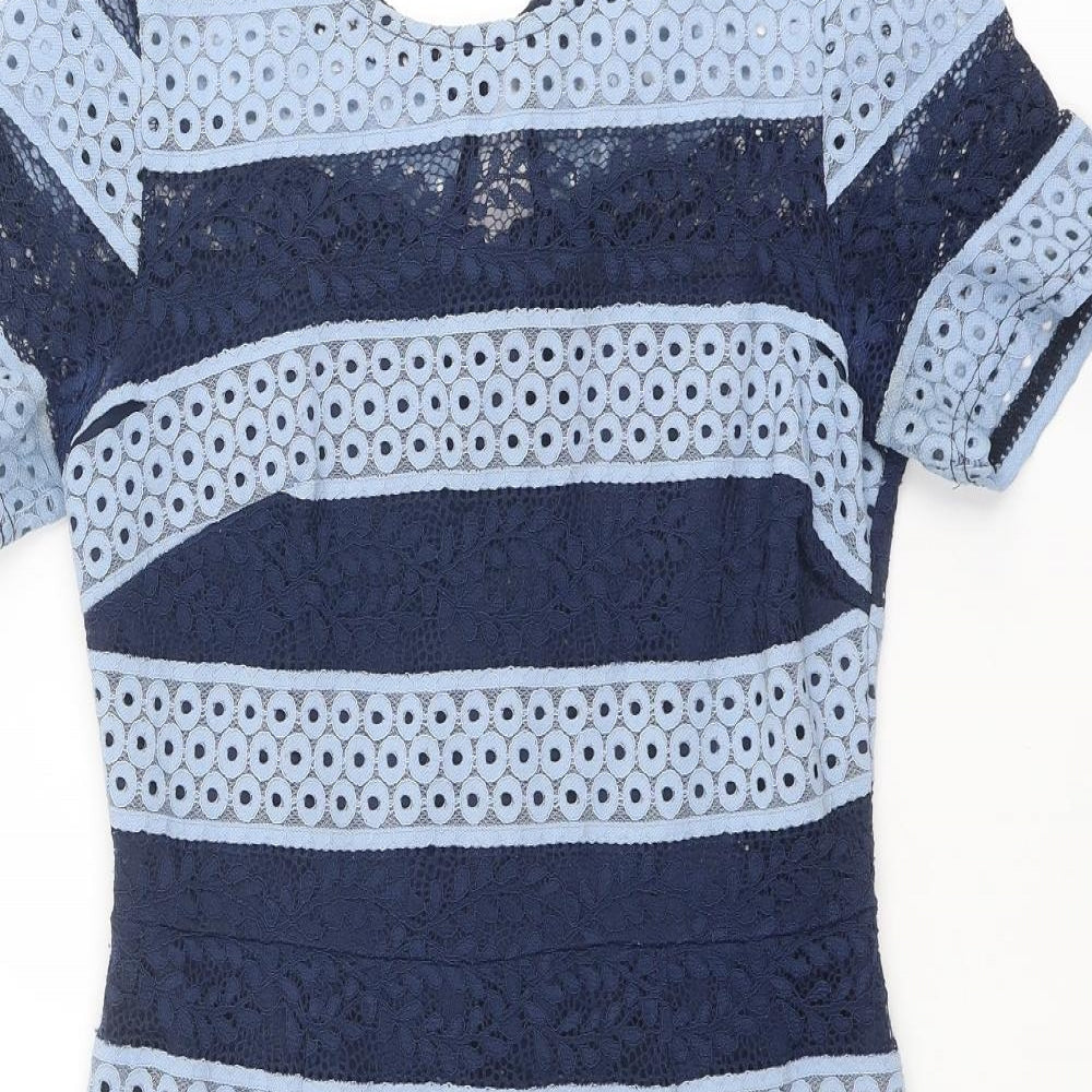Dorothy Perkins Womens Blue Striped Polyester A-Line Size 10 Round Neck Zip