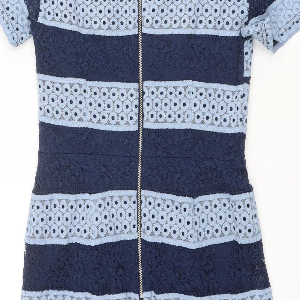 Dorothy Perkins Womens Blue Striped Polyester A-Line Size 10 Round Neck Zip