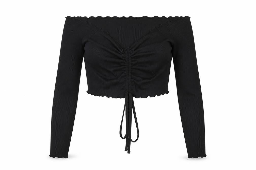 Collusion Womens Black Polyester Cropped Blouse Size 16 Off the Shoulder - Ruched Detail