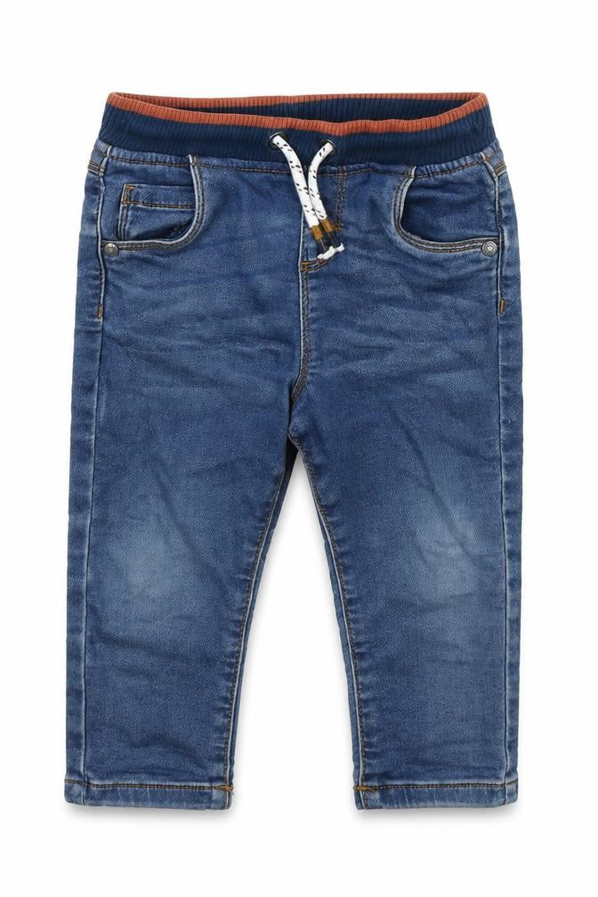 Front view of F&F girls’ blue cotton cropped jeans, size 12-18, months drawstring