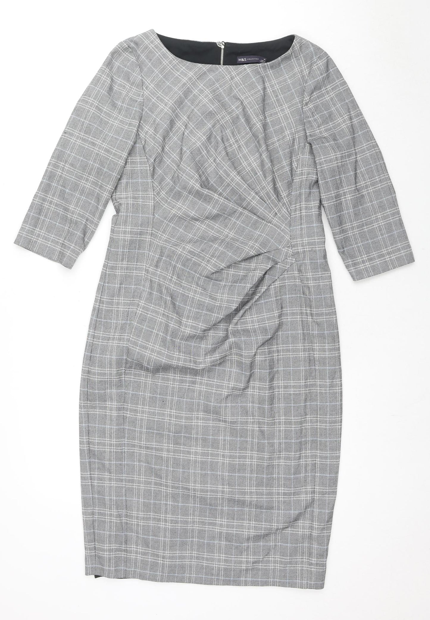 Marks and Spencer Womens Grey Plaid Polyester Shift Size 14 Round Neck Zip