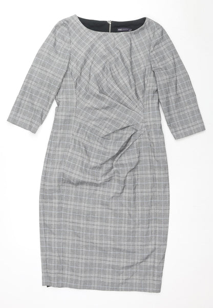 Marks and Spencer Womens Grey Plaid Polyester Shift Size 14 Round Neck Zip