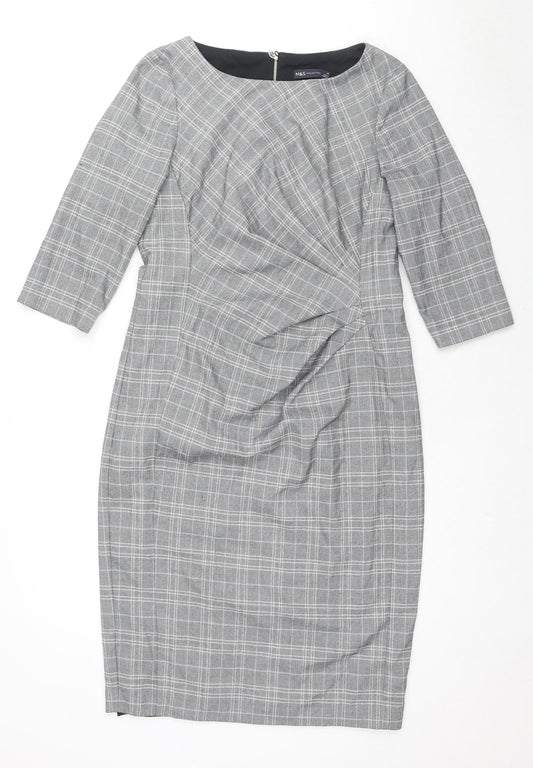 Marks and Spencer Womens Grey Plaid Polyester Shift Size 14 Round Neck Zip