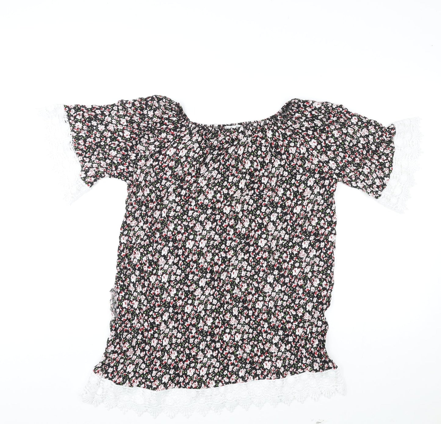 Meina Womens Multicoloured Floral Cotton Basic Blouse Size M Boat Neck - Crocheted Lace Trim
