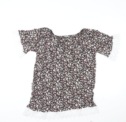 Meina Womens Multicoloured Floral Cotton Basic Blouse Size M Boat Neck - Crocheted Lace Trim