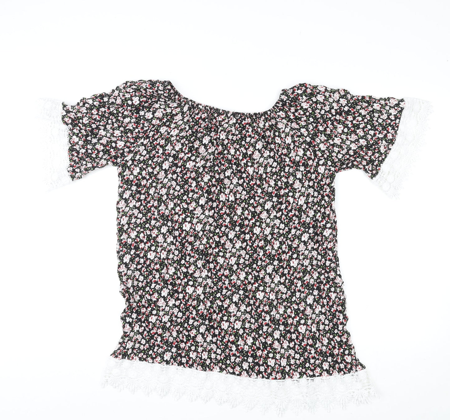 Meina Womens Multicoloured Floral Cotton Basic Blouse Size M Boat Neck - Crocheted Lace Trim