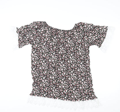 Meina Womens Multicoloured Floral Cotton Basic Blouse Size M Boat Neck - Crocheted Lace Trim