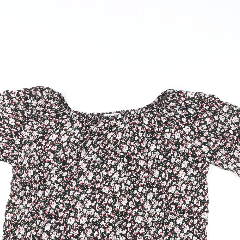 Meina Womens Multicoloured Floral Cotton Basic Blouse Size M Boat Neck - Crocheted Lace Trim