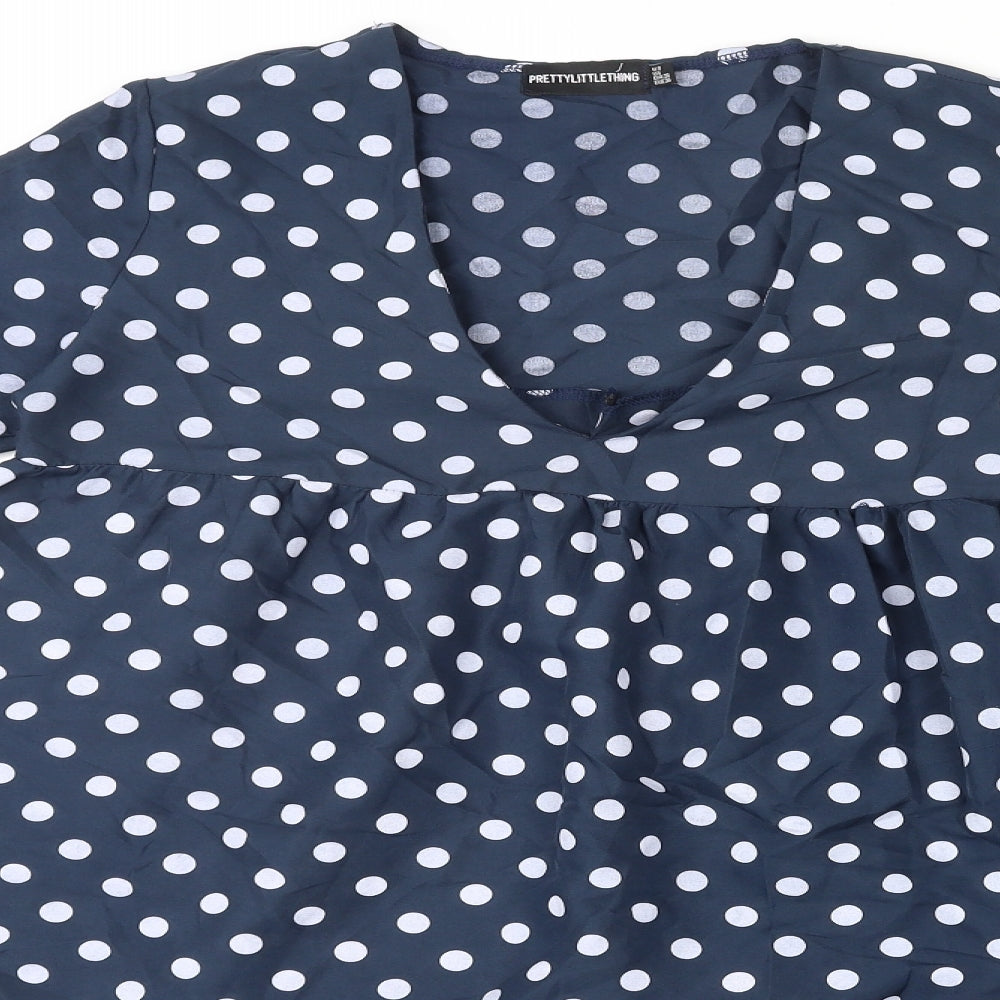 PRETTYLITTLETHING Womens Blue Polka Dot Polyester A-Line Size 10 V-Neck Pullover