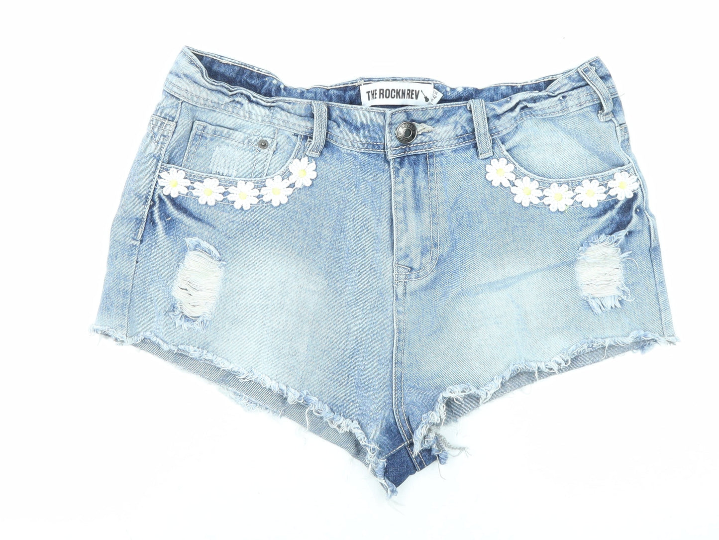 The Rockn Rev Womens Blue Cotton Cut-Off Shorts Size 14 Regular Zip - Floral Embroidery, Distressed Denim
