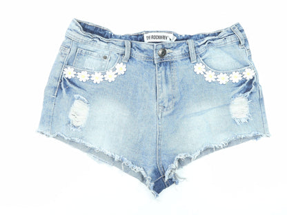 The Rockn Rev Womens Blue Cotton Cut-Off Shorts Size 14 Regular Zip - Floral Embroidery, Distressed Denim