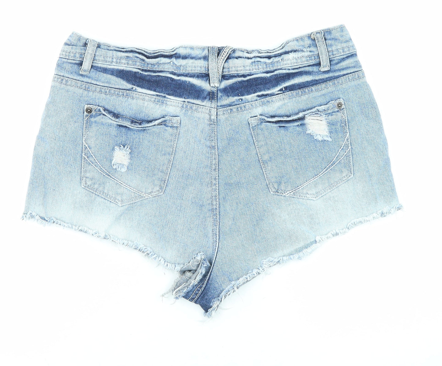 The Rockn Rev Womens Blue Cotton Cut-Off Shorts Size 14 Regular Zip - Floral Embroidery, Distressed Denim