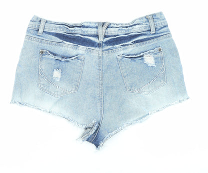 The Rockn Rev Womens Blue Cotton Cut-Off Shorts Size 14 Regular Zip - Floral Embroidery, Distressed Denim