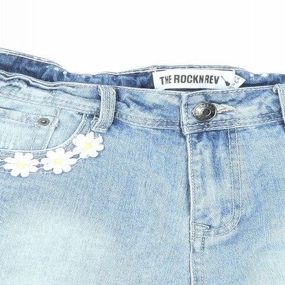 The Rockn Rev Womens Blue Cotton Cut-Off Shorts Size 14 Regular Zip - Floral Embroidery, Distressed Denim