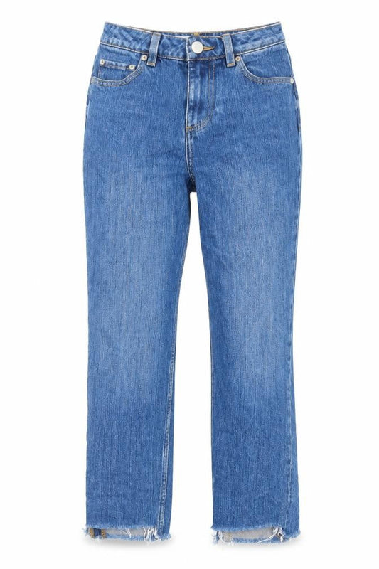 Front view of ASOS women’s blue cotton straight jeans, size UK 25, in, 28-inch leg regular zip