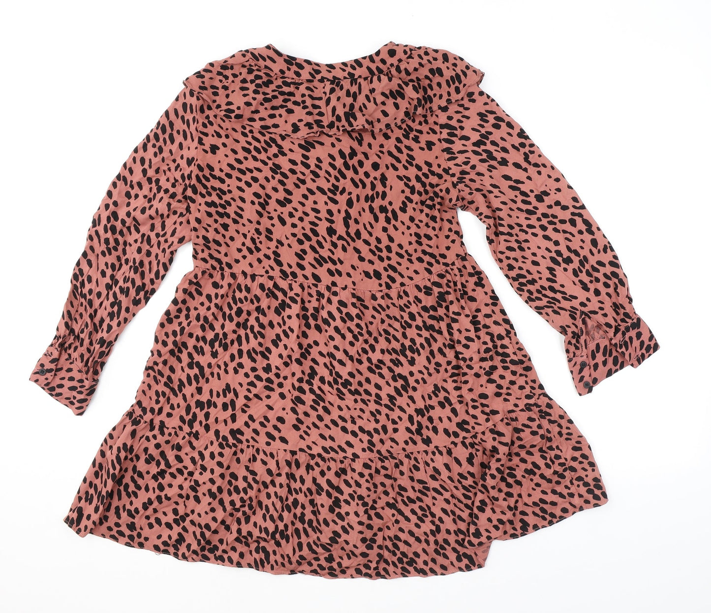Zara Womens Pink Polka Dot Polyester A-Line Size S Round Neck Button - Frill Smocked
