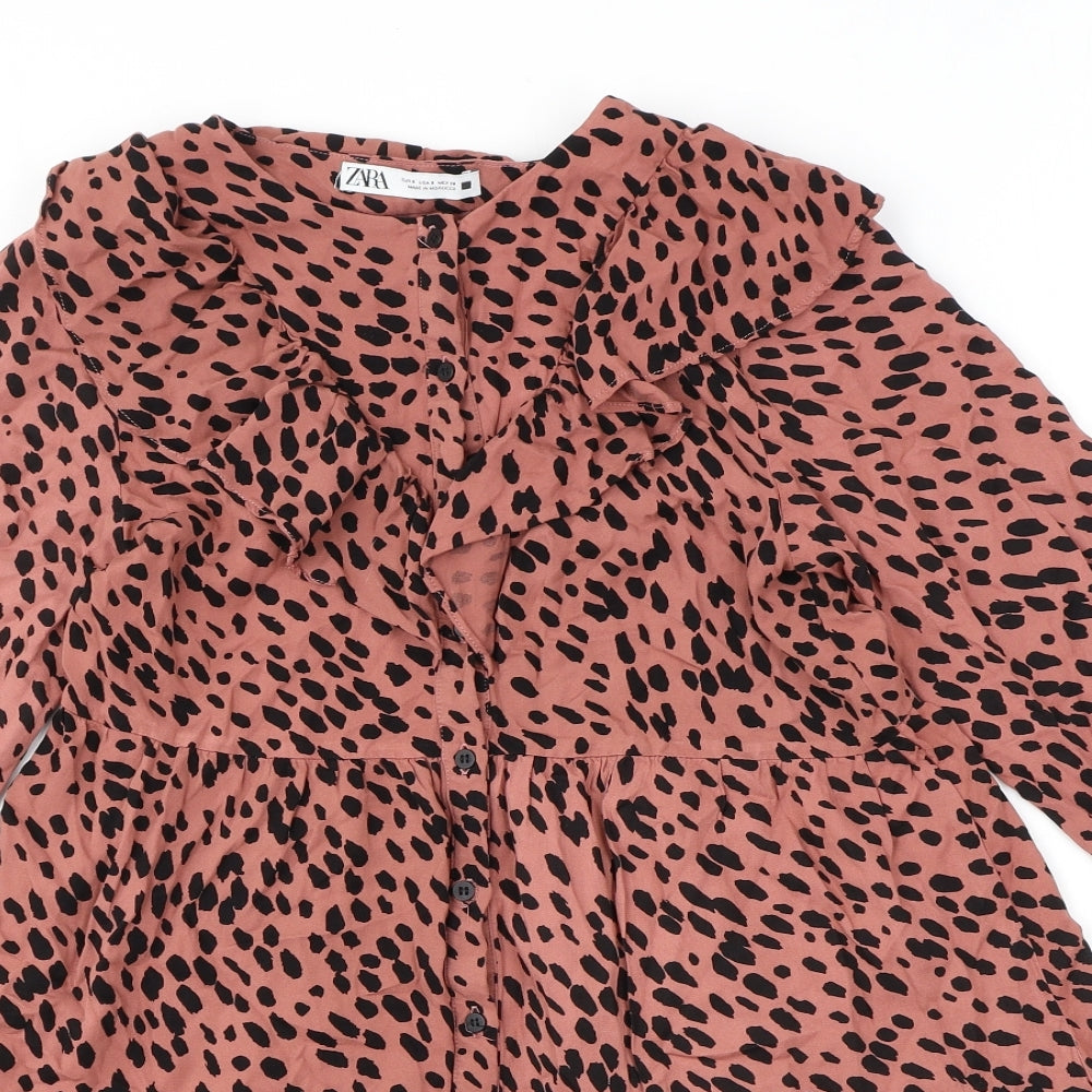 Zara Womens Pink Polka Dot Polyester A-Line Size S Round Neck Button - Frill Smocked