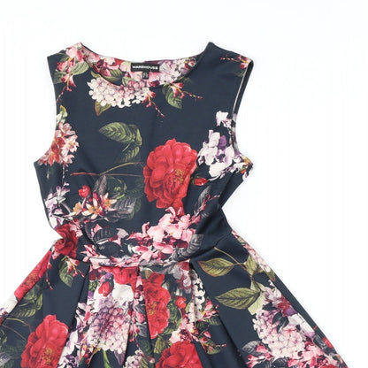 Warehouse Womens Black Floral Polyester A-Line Size 8 Round Neck Pullover