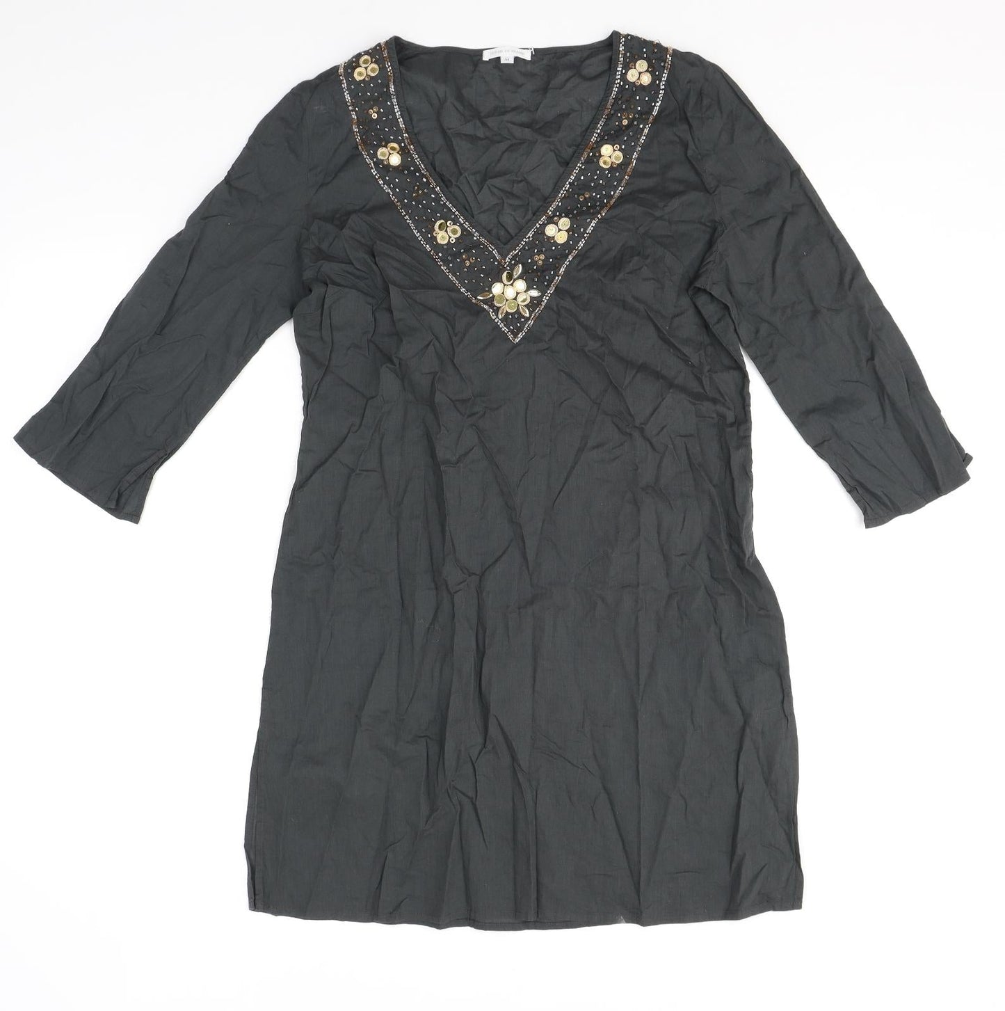 House of Fraser Womens Grey Cotton Tunic Blouse Size M V-Neck - Embellished Neckline