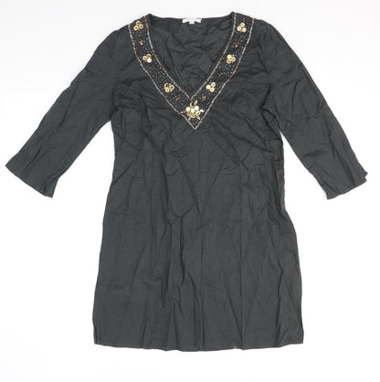 House of Fraser Womens Grey Cotton Tunic Blouse Size M V-Neck - Embellished Neckline