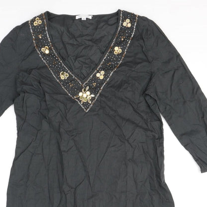 House of Fraser Womens Grey Cotton Tunic Blouse Size M V-Neck - Embellished Neckline