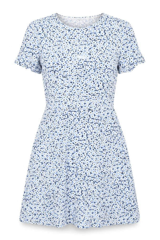 H&M Womens Blue Floral Polyester Skater Dress Size 6 Round Neck Pullover