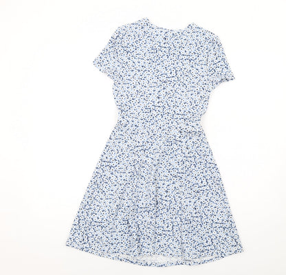 H&M Womens Blue Floral Polyester Skater Dress Size 6 Round Neck Pullover