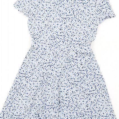 H&M Womens Blue Floral Polyester Skater Dress Size 6 Round Neck Pullover