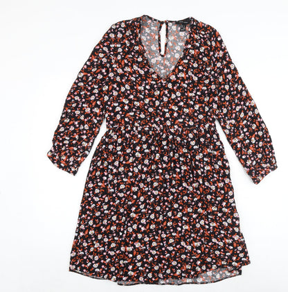 New Look Womens Black Floral Viscose Trapeze & Swing Size 8 V-Neck Button