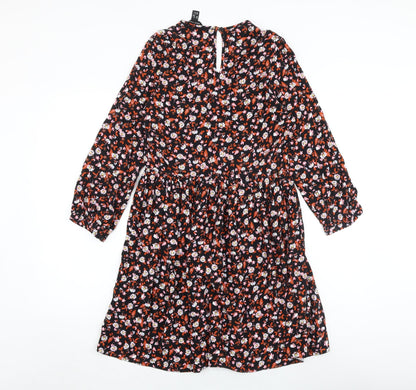 New Look Womens Black Floral Viscose Trapeze & Swing Size 8 V-Neck Button