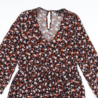 New Look Womens Black Floral Viscose Trapeze & Swing Size 8 V-Neck Button