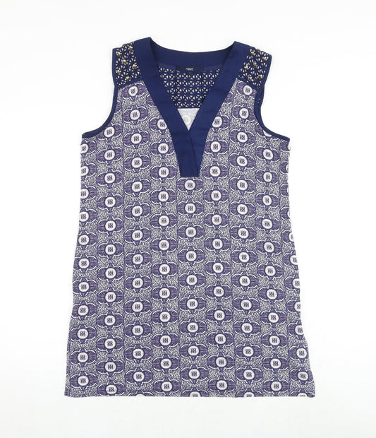 NEXT Womens Blue Geometric Viscose A-Line Size 12 V-Neck Pullover