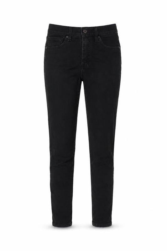 Front view of Kirkland women’s black cotton skinny jeans, size UK 6, 29-inch leg regular button